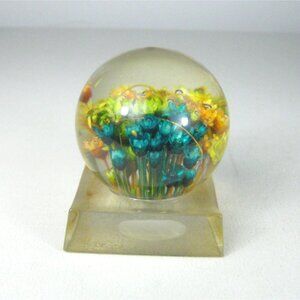 Vintage Clear Resin Sphere Paperweight Colorful Encased Faux Flowers New Designs